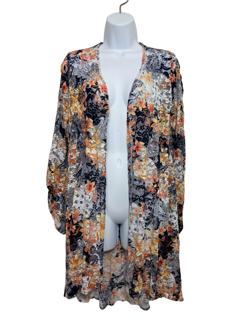 Susan Graver Sheer Floral Lace Open Front Bell Sleeve Kimono Cardigan Duster SzS